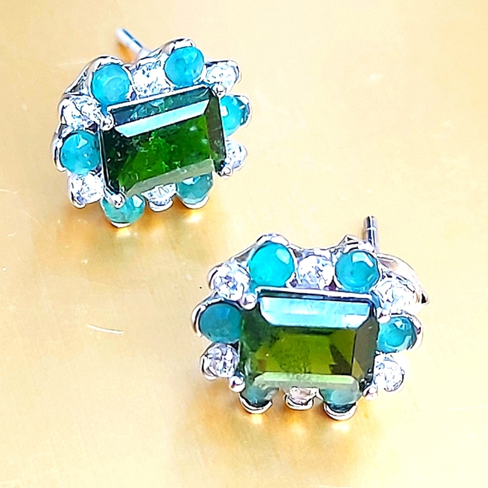 Natural Chrome Diopside, Emerald & CZ 925 Sterling Silver Earrings
